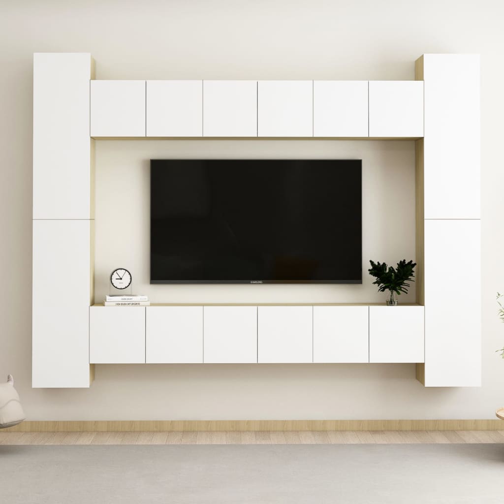 10 Piece TV Cabinet Set White and Sonoma Oak Chipboard