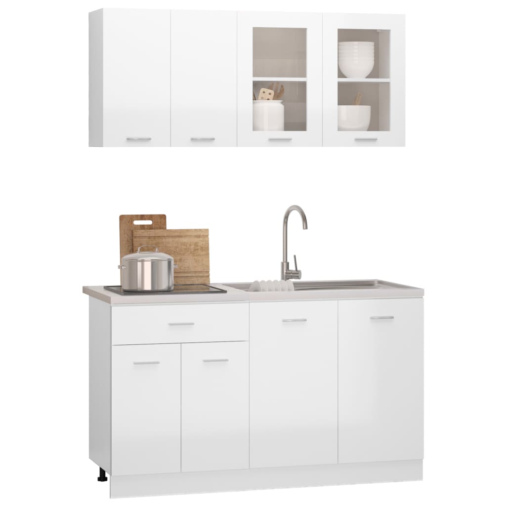 4 Piece Kitchen Cabinet Set High Gloss White Engineered Wood