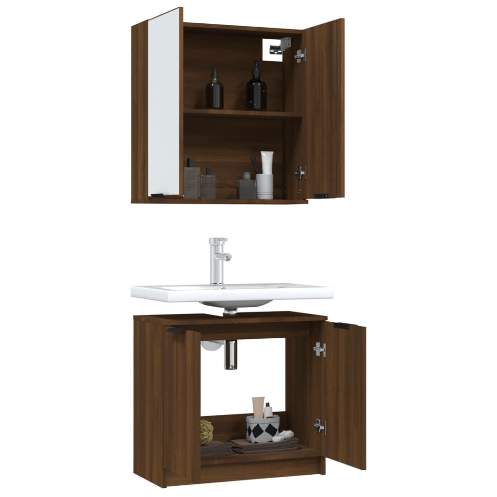 2 Piece Bathroom Cabinet Set Brown Oak Engineered Wood