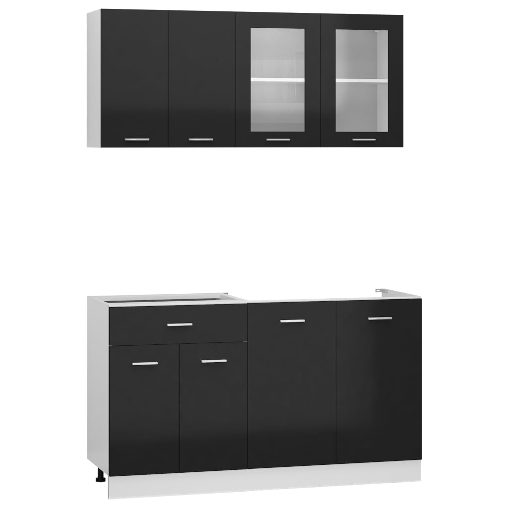 4 Piece Kitchen Cabinet Set High Gloss Black Engineered Wood
