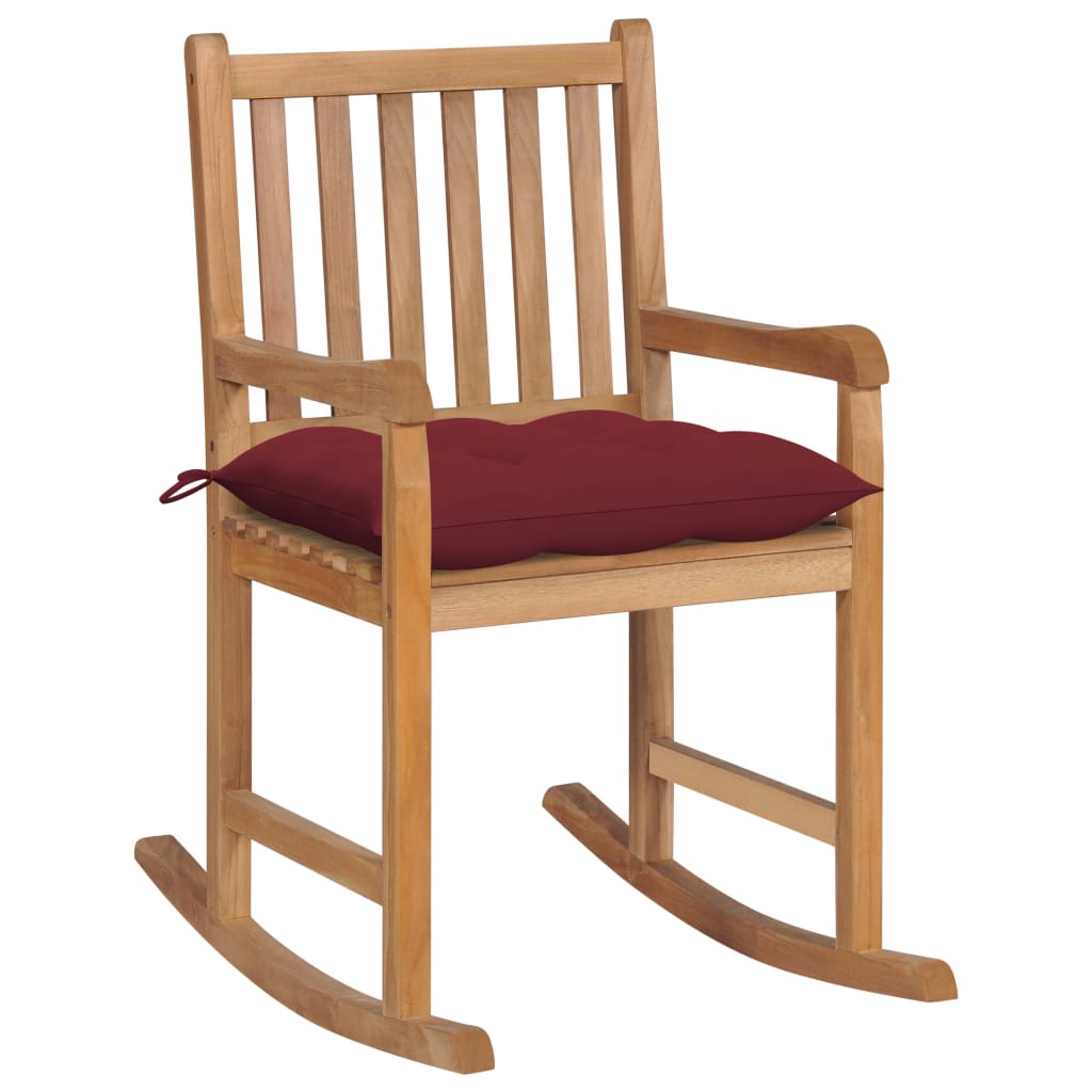 Chaise à bascule avec coussin rouge bordeaux Bois de teck