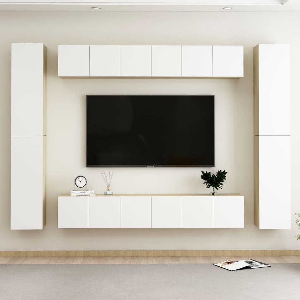 10 Piece TV Cabinet Set White and Sonoma Oak Chipboard