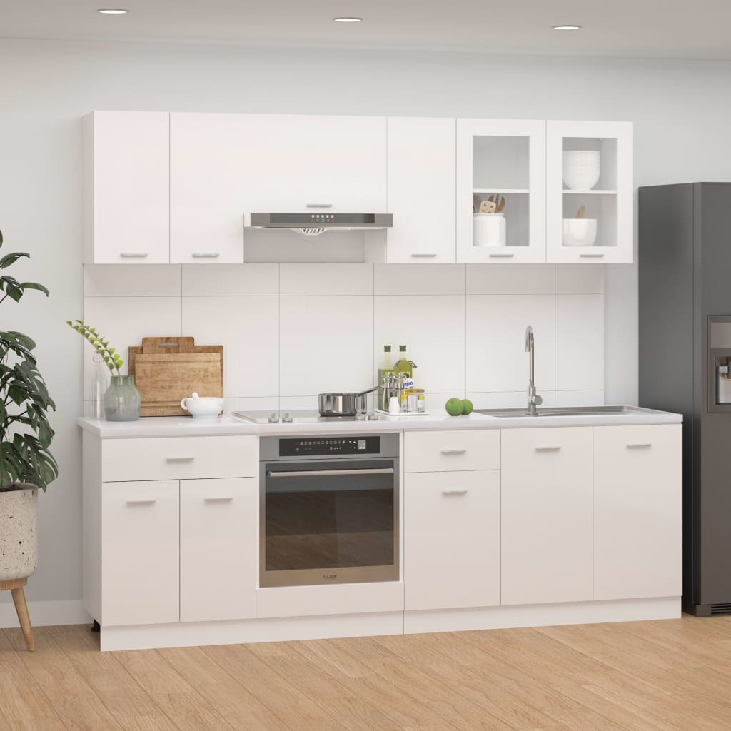 8 Piece Kitchen Cabinet Set High Gloss White Chipboard