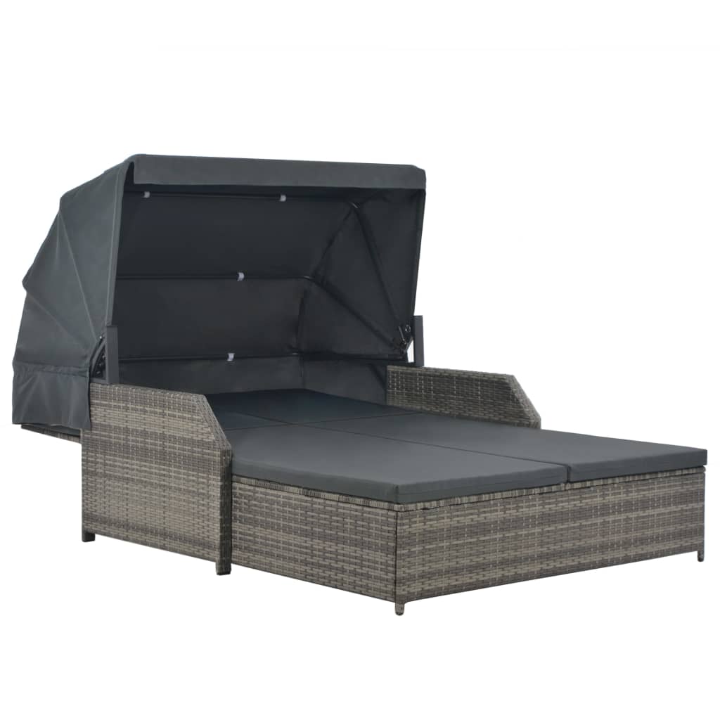 2-Person Sun Lounger with Canopy Poly Rattan Grey