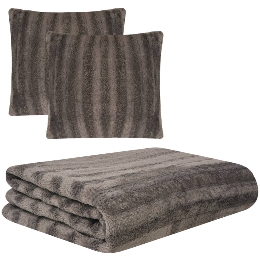 Three Piece Throw Blanket & Cushion Cover Set Faux Fur Grey