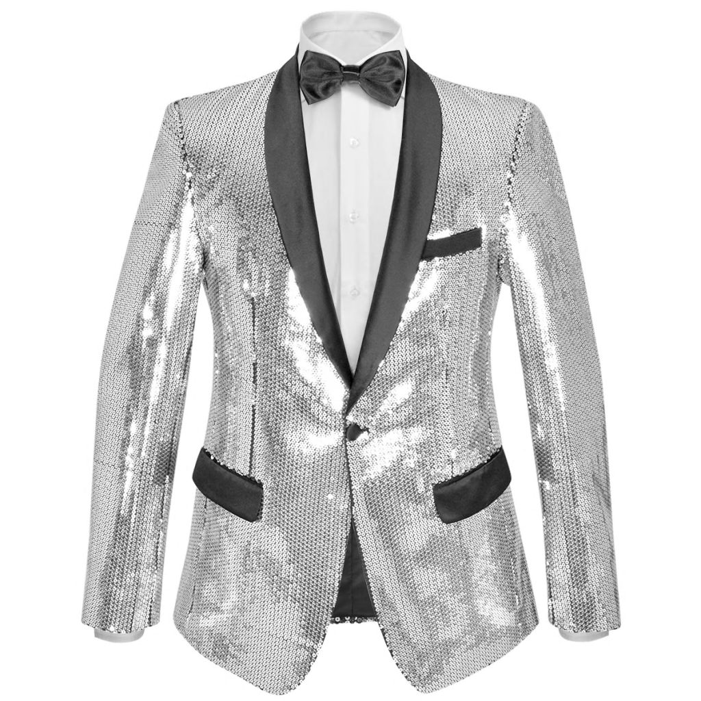 Men's Sequin Dinner Jacket Tuxedo Blazer Silver Size 48