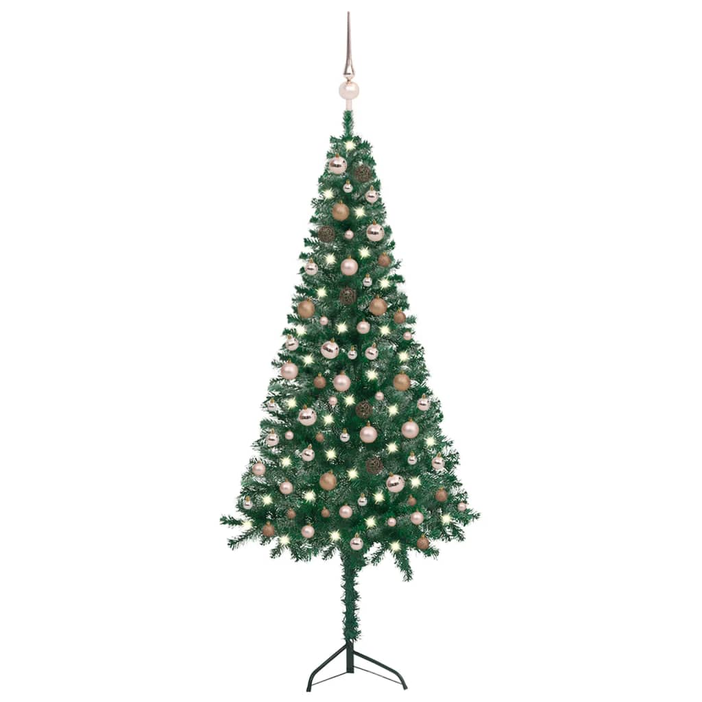 Künstlicher Eck-Weihnachtsbaum LEDs & Kugeln Grün 180 cm PVC 