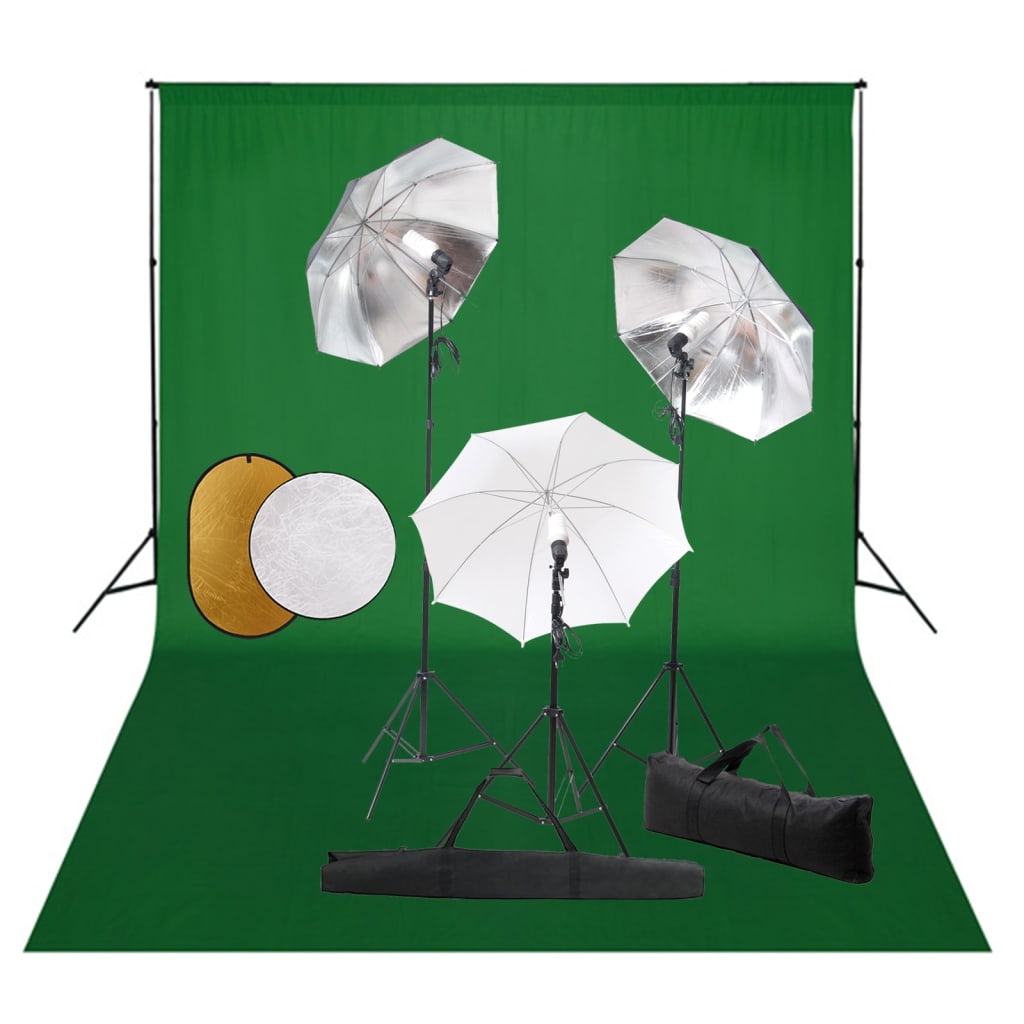 Fotostudio-Set mit Lampen, Schirmen, Hintergrund & Reflektor