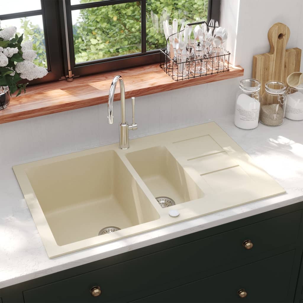 Granite Kitchen Sink Double Basins Beige
