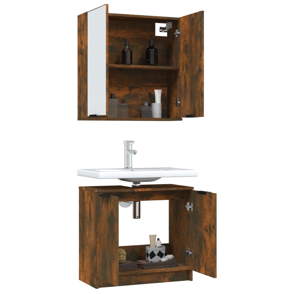 2 Piece Bathroom Cabinet Set Smoked Oak Engineered Wood