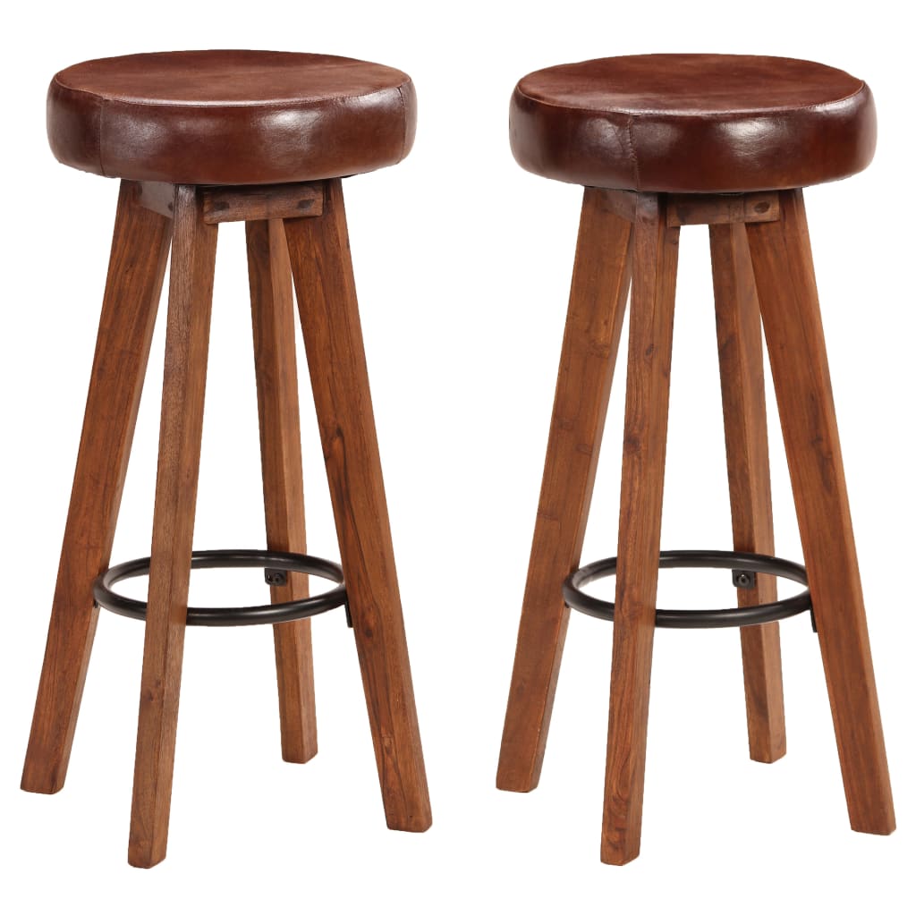 Bar Chairs 2 pcs Solid Acacia Wood Real Leather 45x45x76 cm