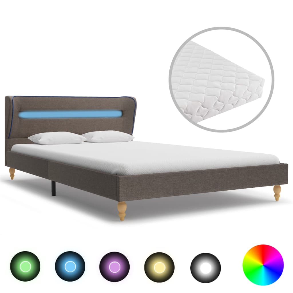 Bett mit LED und Matratze Taupe Stoff 140×200 cm