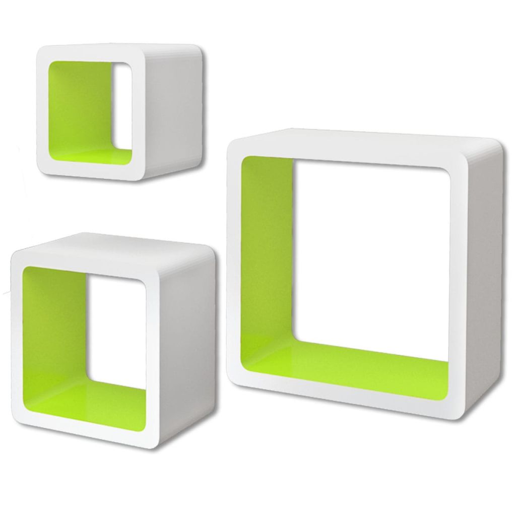3er Set MDF Wandregal Hängeregal Cube Regal für Bücher/DVD, weiss-grün