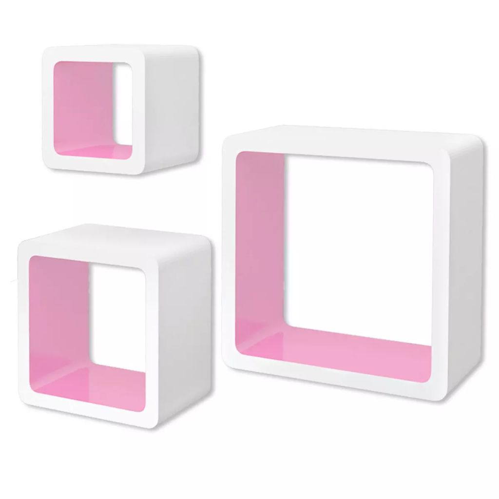 3er Set MDF Wandregal Hängeregal Cube Regal für Bücher/DVD, weiss-rosa