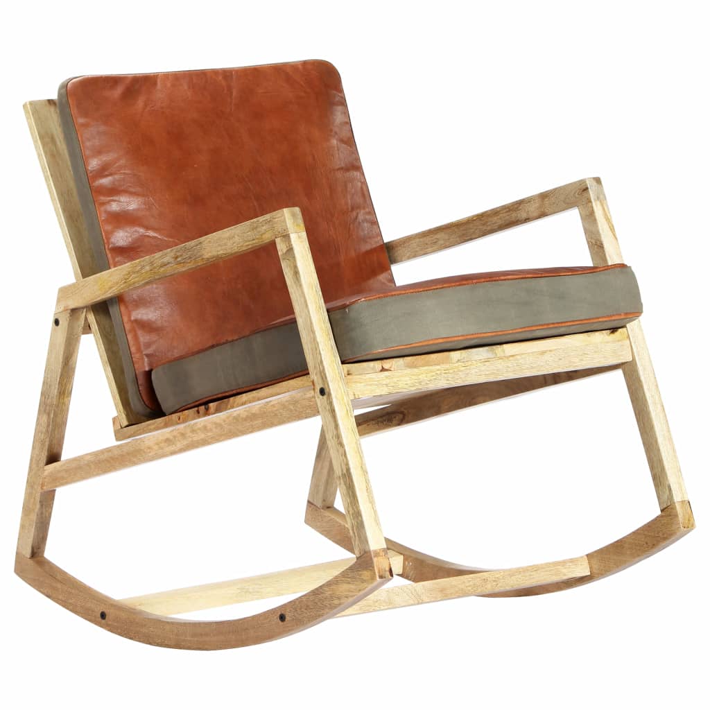Rocking Chair Brown Real Leather and Solid Mango Wood