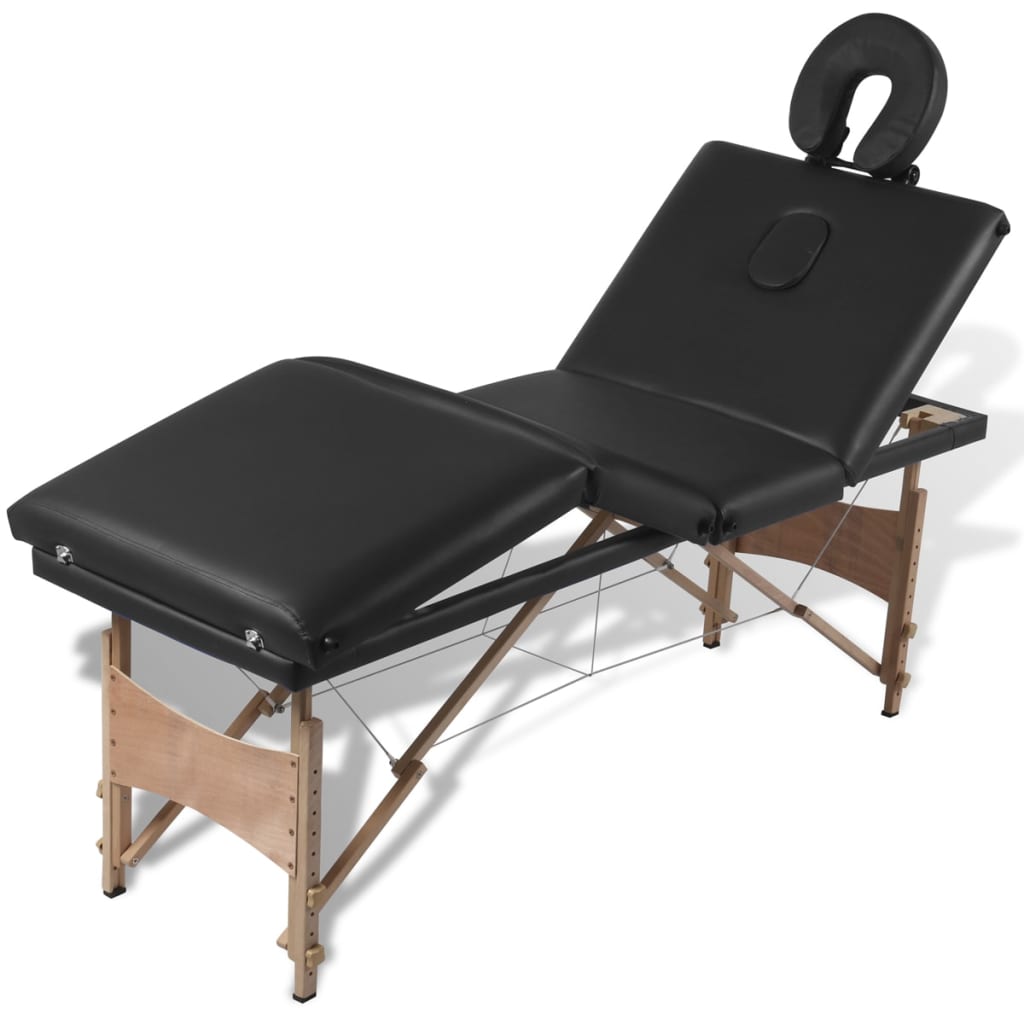  Table de massage pliable Noir 4 zones avec cadre en bois