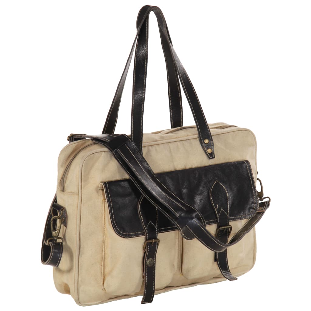 Hand Bag Beige 40x53 cm Canvas and Real Leather