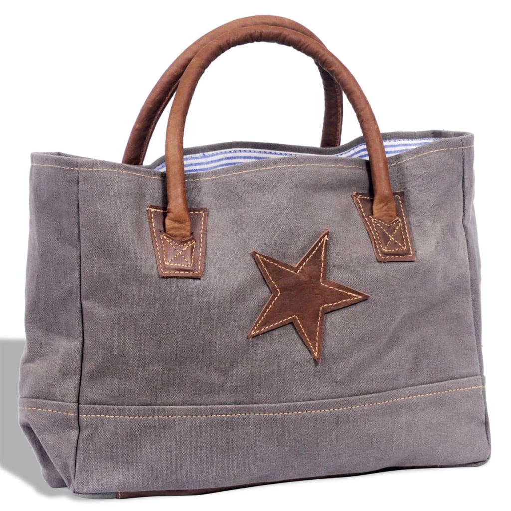 Canvas Real Leather Shopper Bag with Star Dark Grey