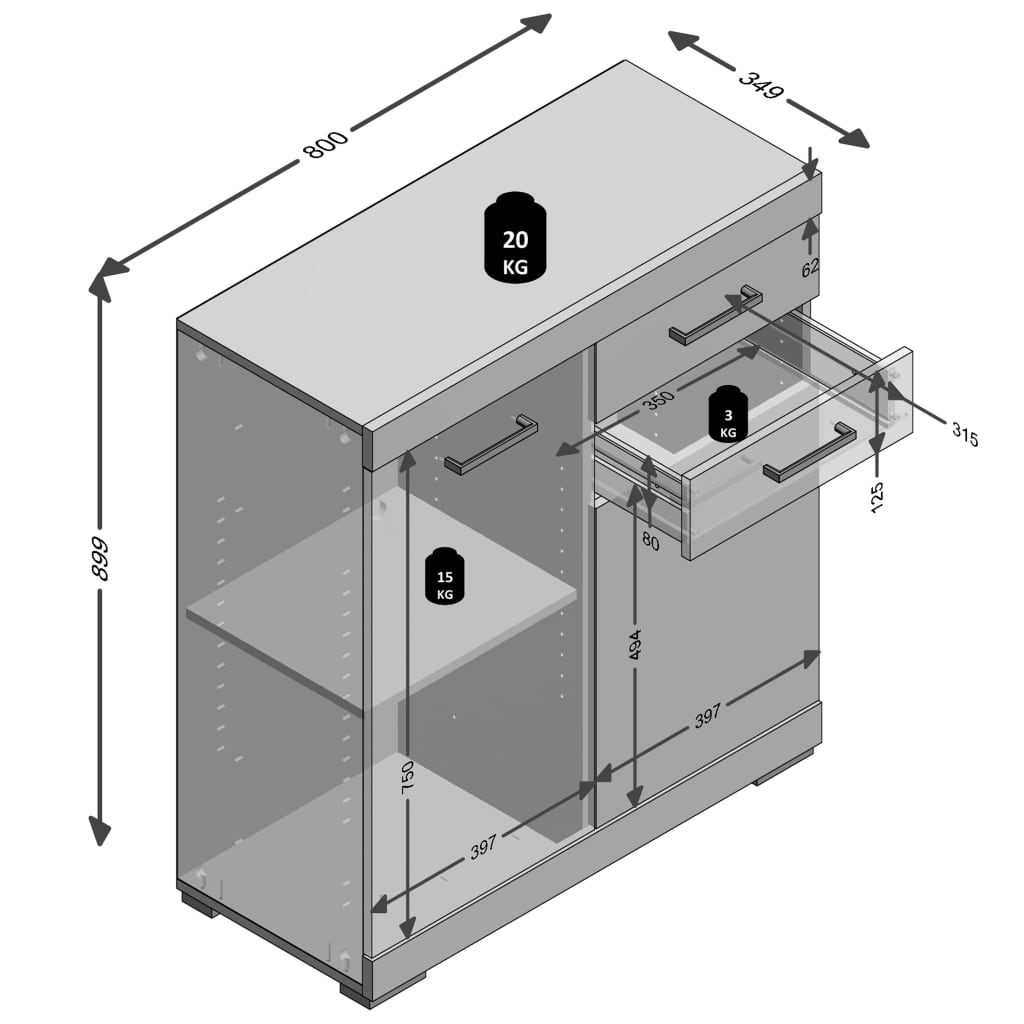FMD Kommode mit 2 Türen und 2 Schubladen 80×34,9×89,9 cm Eichenoptik