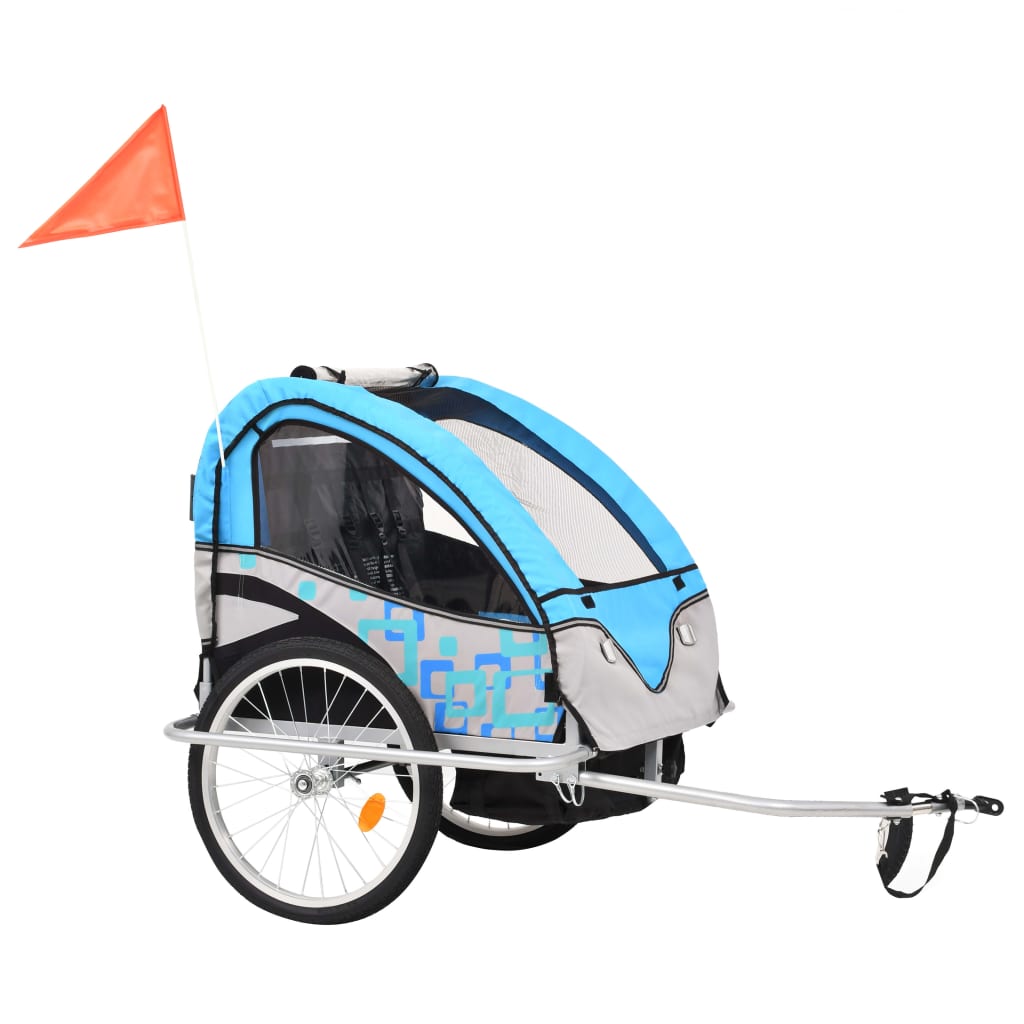 2-in-1 Kinder Fahrradanhänger & Kinderwagen Blau und Grau