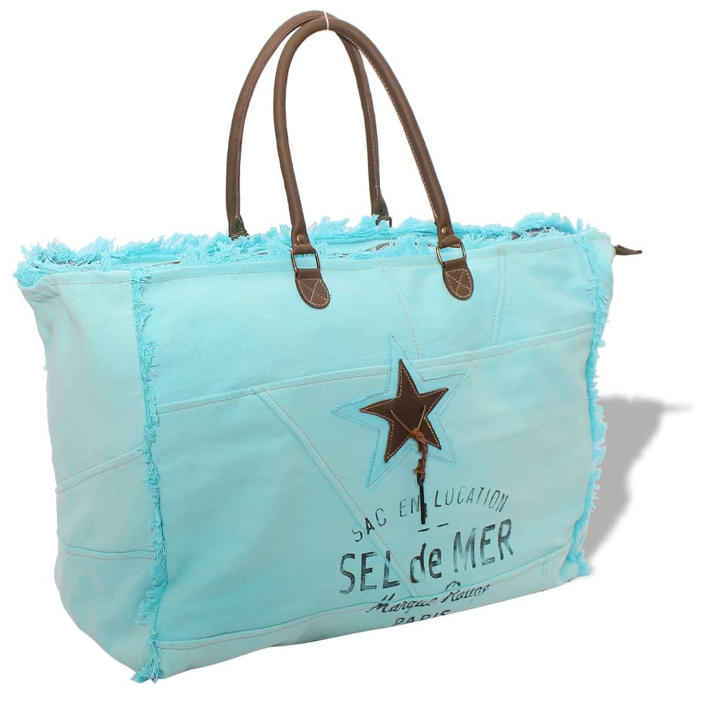 Beach Bag Canvas and Real Leather Blue