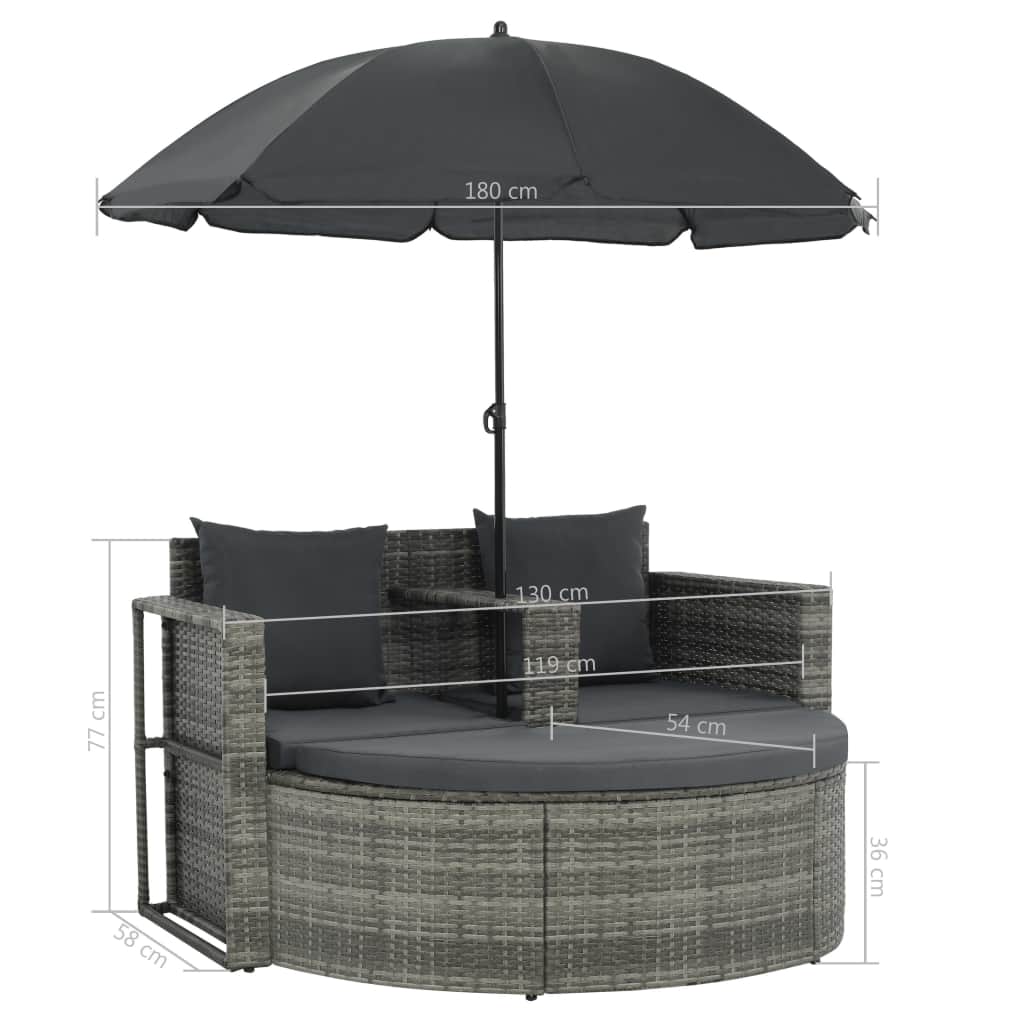 2-Sitzer-Gartensofa mit Auflagen und Sonnenschirm Grau Poly Rattan