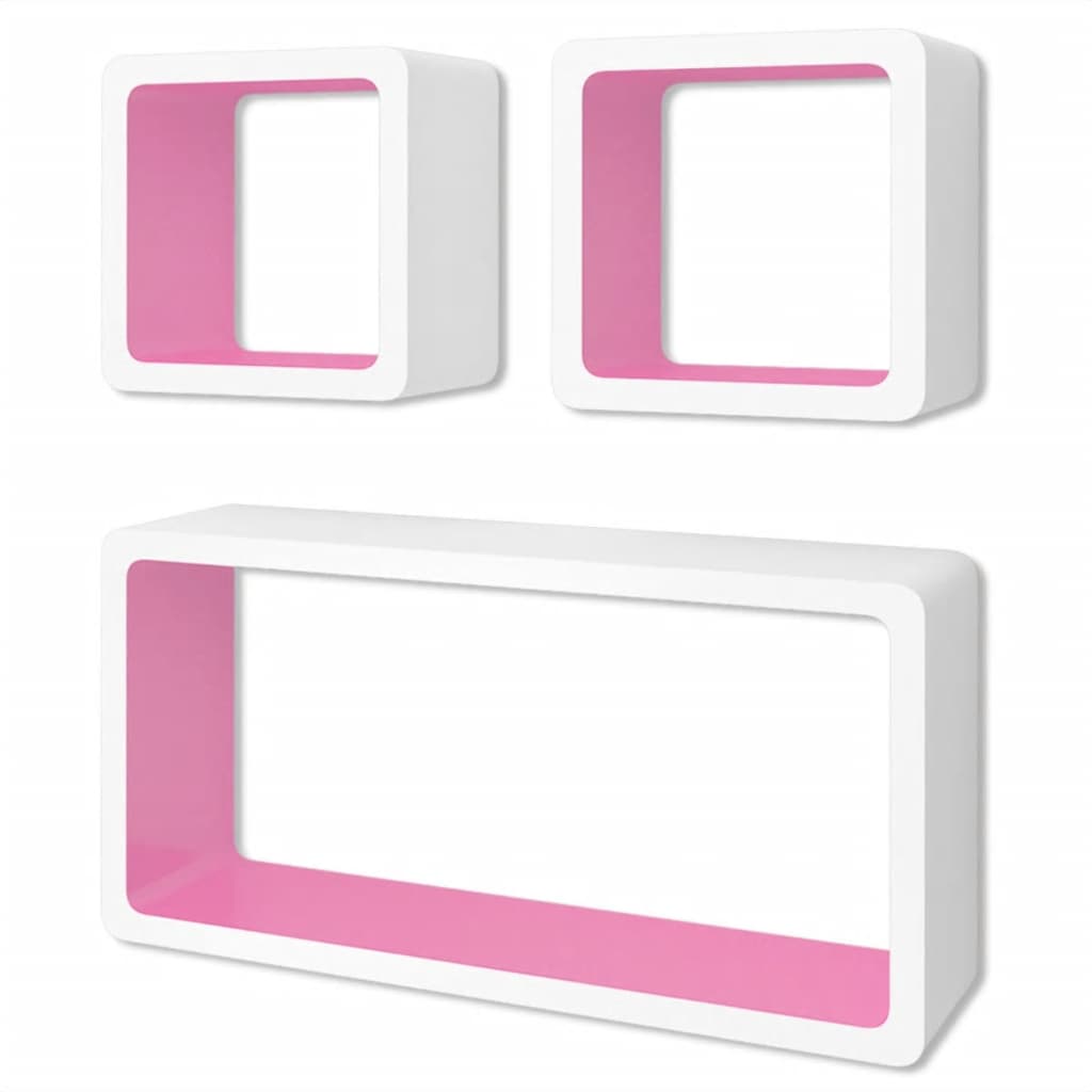 3er Set MDF Cube Regal Hängeregal Wandregal für Bücher/DVD, weiss-rosa