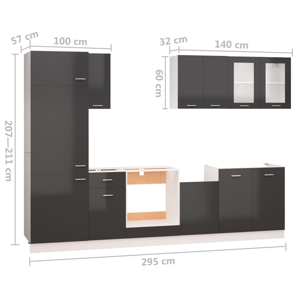 8-tlg. Küchenzeile Hochglanz-Grau Spanplatte