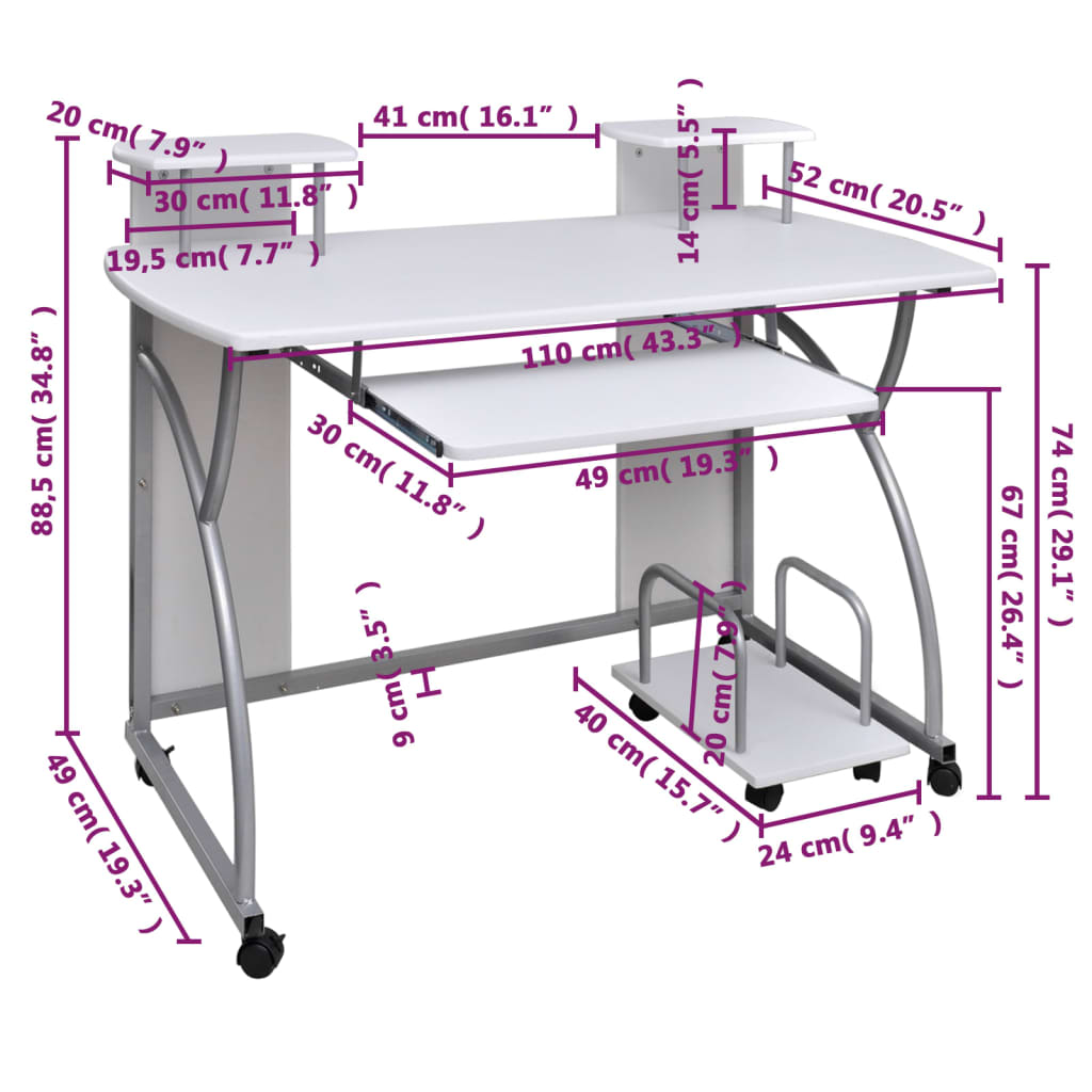 Computertisch Weiss 110x52x88,5 cm Holzwerkstoff