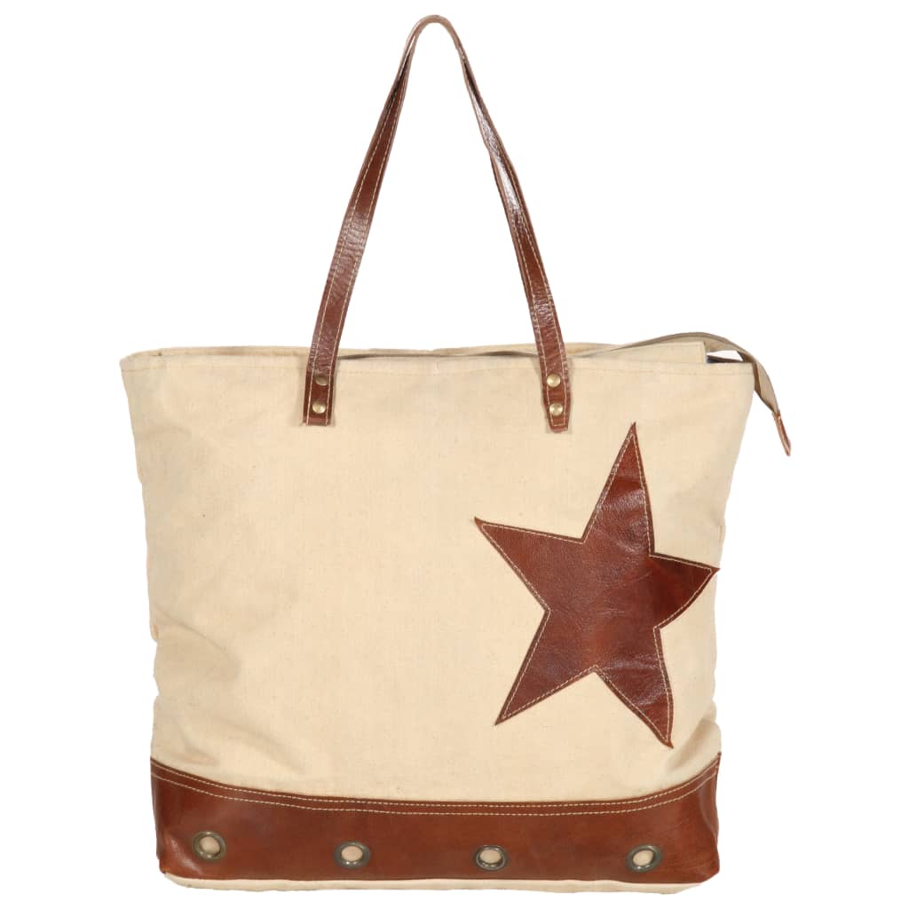Shopper Bag Beige 48x61 cm Canvas and Real Leather