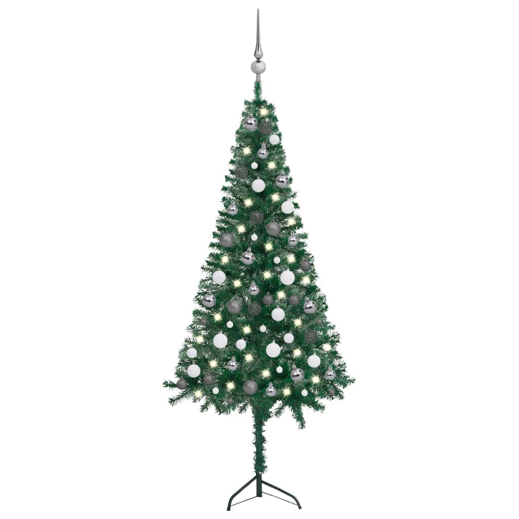 Künstlicher Eck-Weihnachtsbaum LEDs & Kugeln Grün 150 cm PVC