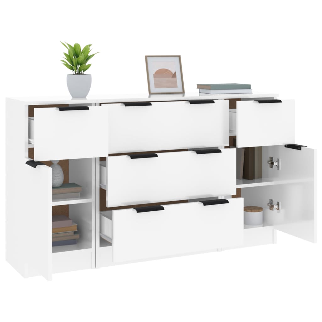 3 Piece Sideboard Set High Gloss White Engineered Wood