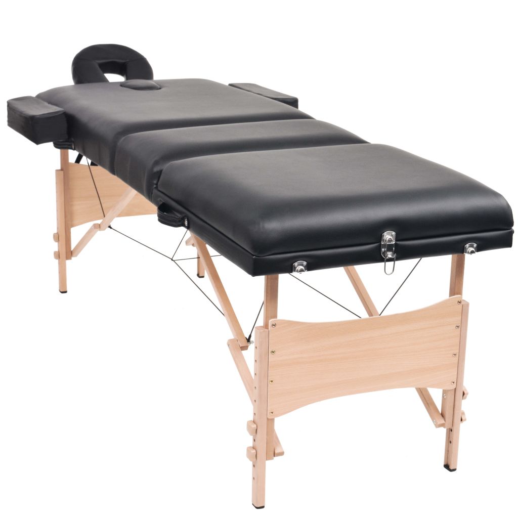 3-Zone Folding Massage Table and Stool Set 10 cm Thick Black