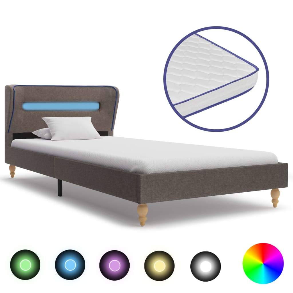 Bett mit LED und Memory-Schaum-Matratze Taupe Stoff 90x200 cm