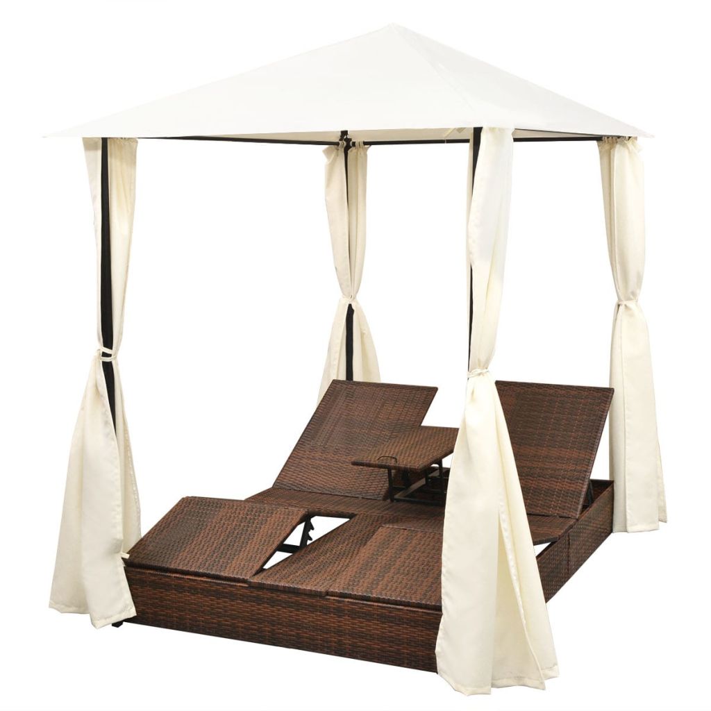 Double Sun Lounger with Curtains Poly Rattan Brown