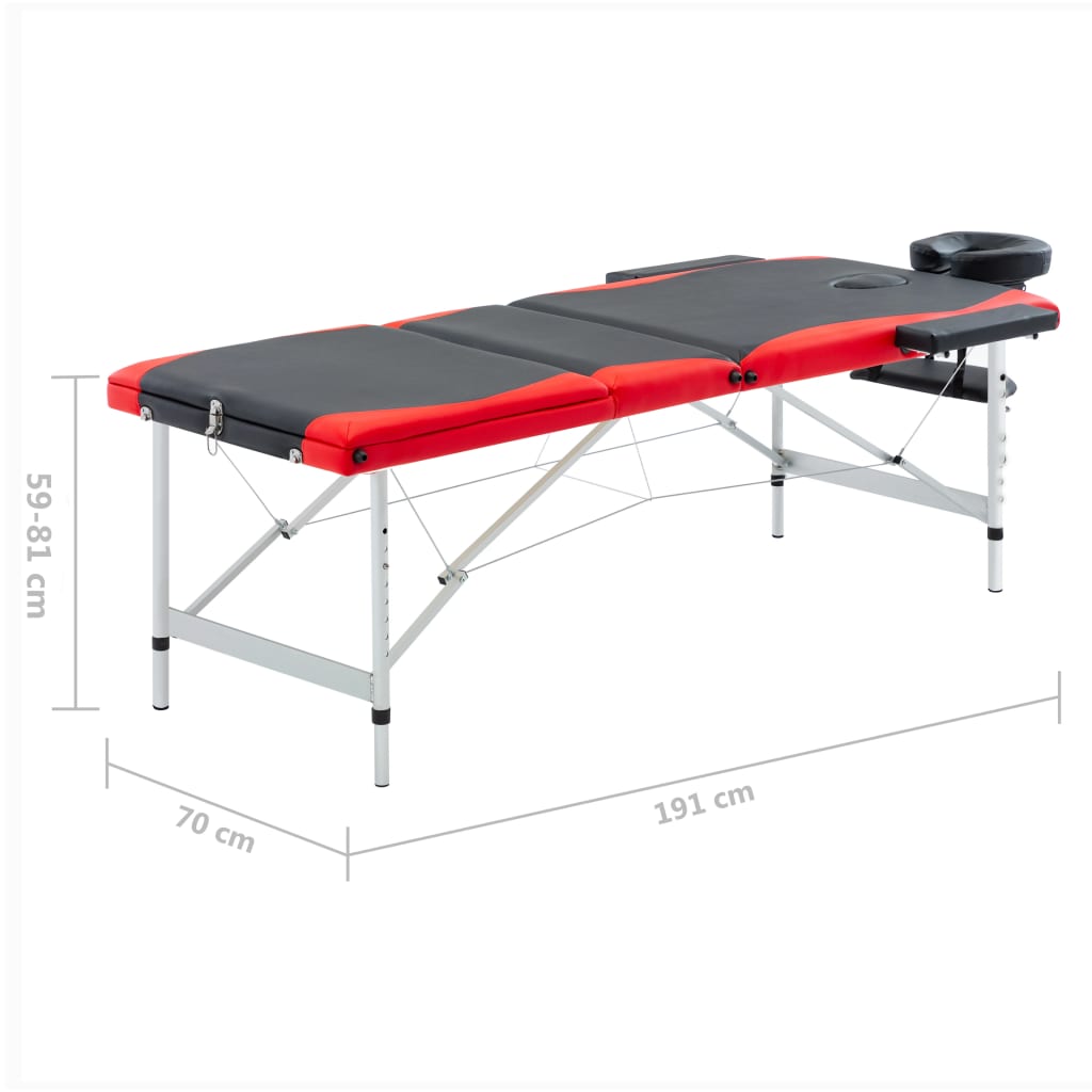  Table de massage pliable 3 zones Aluminium Noir et rouge
