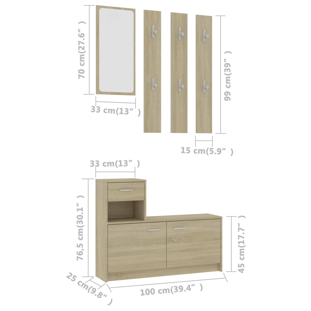 Garderobenset Flur Sonoma-Eiche 100x25x76,5 cm Holzwerkstoff