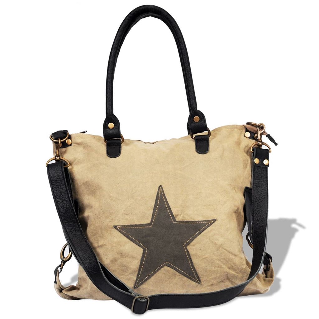 Canvas Echtleder Damentasche Shopper Tasche mit Stern beige